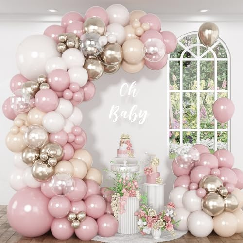 Kit per arco di palloncini rosa polveroso, ghirlanda di palloncini in lattice elio rosa cipria retrò bianco champagne oro per donne e ragazze, decorazioni per baby shower nuziale, matrimonio neutro