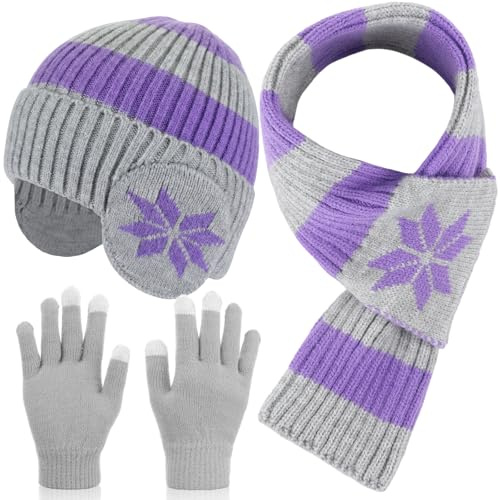 Chicingyou 3 Pcs Kids Hat Gloves Scarf Set Winter Knitted Beanie with Earmuffs Double Layer Scarf for Boy Girl 8-12 Years Old(Purple)