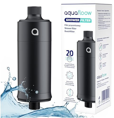 Aquafloow Duschfilter, duschfilter mot kalk, klor och nedsmutsning – filtrering i 20 steg – minskar hårväxt och hudirritation – lämplig för alla standardslangar - svart
