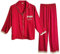 Laura Lily - Set aus 2 Stück Satin-Schlafanzügen für Damen, Pyjama Knopfhemd mit Tasche und Lange Hosen gestreift mit Spitze. Sehr weich mit angenehmer Haptik. Rot M 38