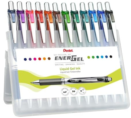 Pentel EnerGel BL77-12 Lot de 12 stylos roller à encre gel avec mécanisme à pression, diamètre de la bille 0,7 mm = épaisseur de trait 0,35 mm, rechargeables, boîte en plastique, couleurs assorties