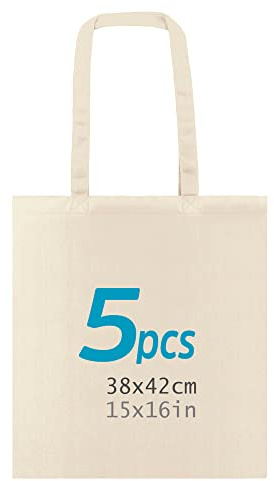 ENERGY FUSION Tote Bag, Lot de 5 sacs 100% coton naturel, à longues anses, lavables et réutilisables. Sac en jute. Cabas en Tissu à Poignées Solides pour les Courses, longues poignées. Sac Shopper.