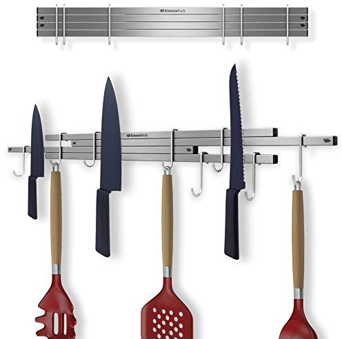 KINESISRACK Magnetic Knife Holder for Wall 16 inch Extends up to 30 inches 4 Strip Neodymium Magnetic Rack with 10 Hooks for Kitchen Utensils Organize. No Drill. Tools Holder
