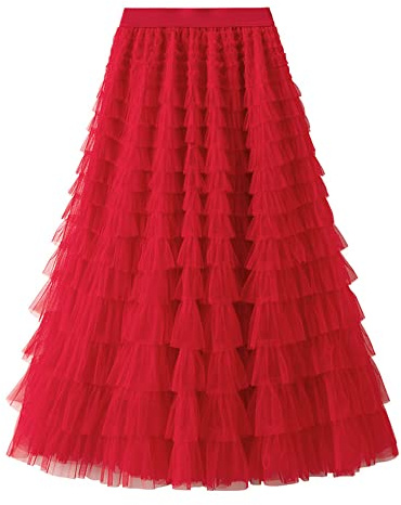 Dirholl Women's A-Line Fairy Patterned Elastic Waist Ruffle Tulle Layered Midi Skirt, Tutu B Red, One Size