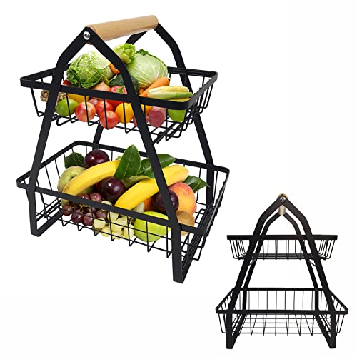 HENGMEI Fruits Étagère à fruits Corbeille à fruits 2 étages Porte-bol à fruits Cuisine Corbeille à tartes Corbeille à pain Porte-légumes pour la cuisine, Noir