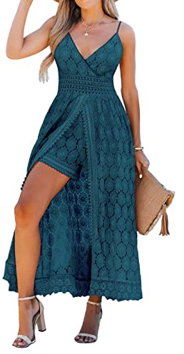 CUPSHE Femmes Été Faire glisser fronces Smocks Combinaison Robe Col en V Sangles Speghetti Dos nu Maxi Haut Bas