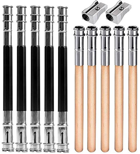 10 Pieces Pencil Extension Holders and 2 Pieces Pencil Sharpener, Wooden Style and Double Headed Style Pencil Extenders