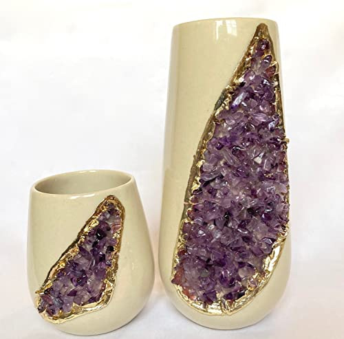 Cream and Gold Ceramic Vase/Planter/Pot/Wine Goblet/Mug with Purple Amethyst Semi - Precious Agate Crystal Gemstones |Both (Small & Large),(Gold - Finish)