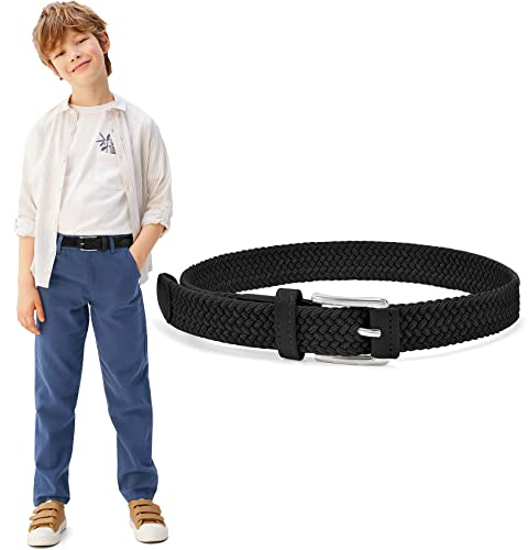 WHIPPY Kinder Gürtel Elastik Unisex Geflochtener elastischer Stretch Gürtel gewebter gürtel für Jungen und Mädchen Endspitze aus Leder mit Dornschließe, 3 cm breite, schwarz 75cm