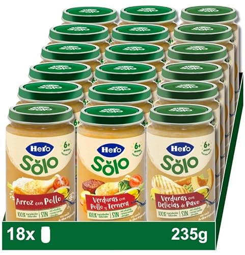 Hero Solo Caja Mixta de Carne – 6 de Arroz con Pollo, 6 de Verdura con Pollo y Ternera y 6 de Verduritas con Delicias de Pavo, Pack de 18x235 g, para bebés desde 6 meses