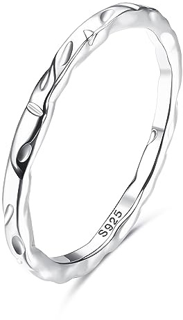 Milacolato 925 Sterling Silver Ring for Women Girls, 18K White Gold Plated Sterling Silver Hammered Band Rings, 1.5mm Thin Engagement Promise Finger Ring Size T 1/2
