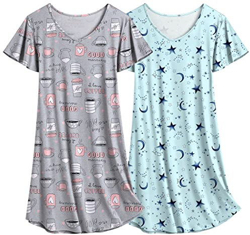 Ekouaer Damen Nachthemd Kurzarm Zweiteiliger Sleepshirt lustig Nachtwäsche Kaffee + Stern L