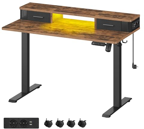 VASAGLE Höhenverstellbarer Schreibtisch elektrisch, 120 x 60 x (72-120) cm, stufenlos verstellbar, mit Monitorstänr, Steckdosenleiste, Haken, Memory-Funktion, vintagebraun LSD182X01