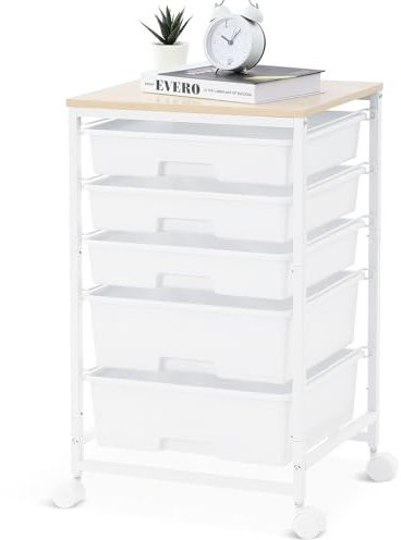 SYKIARIOL Storage Trolley with 5 Plastic Drawers, Rolling Storage Cart on Wheels, Multipurpose Utility Cart Organizer Unit for Living Room,Bedroom,School,Beauty, Easy Movement, White