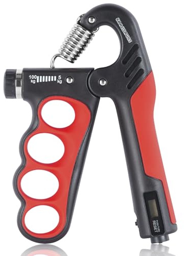 KANJISAURS Grip Strength Trainer, Adjustable Resistance Forearm Strengthener with 11-220Lbs (5-100KG), Digital Counter, Ergonomic Hand Gripper Strengthener for Musicians, Athletes & Injury Recovery,red