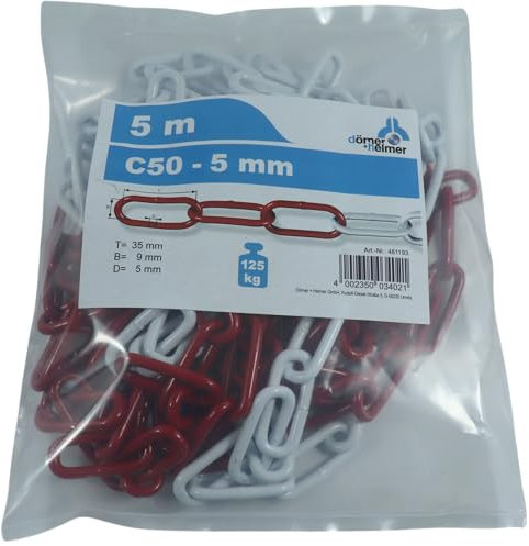 Dörner + Helmer Cadena de barrera, 5 mm de grosor, 5 m de longitud, acero galvanizado, cierre de bolsa de polietileno, eslabones largos, rojo/blanco