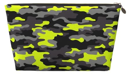 VOSERY Bolsa de maquillaje de piel, bolsa de cosméticos, bolsa de aseo de viaje para mujer, verde y gris, bolsa de maquillaje de camuflaje, organizador, bonita bolsa de maquillaje, bolsa de maquillaje