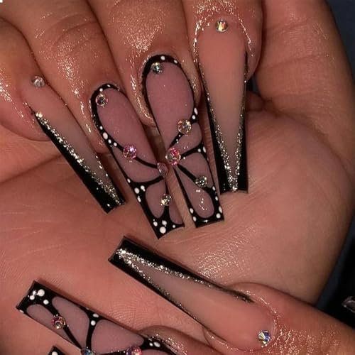 GlamRays Ataúd largo negro brillante completo uñas acrílicas extra largas cuadradas rhinestone falsas uñas con diseño de mariposa falsas bailarina artificial uñas postizas