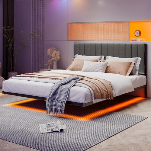 ARFARLY Double Bed Frame Floating Bed Frame with LED Lights and Charging Station, Metal Platform Bed Frame Double Bed with Upholstered Headboard, No Box Spring Needed, Steel Slat Support