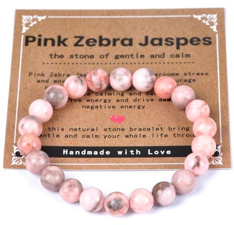 YUEBAYUE Pink Zebra Jade Healing Crystal Bracelets,Anxiety Beaded Gemstone Bracelets for Women,Birthday Valentines Gifts for Women