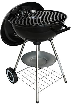 Barbecue à Charbon de Bois Livona - Rond/boule 4 pieds (stable) + couvercle fumoir, 76,5x51x44 cm, 4 Roulettes, grille Acier Inoxidable, pieds chromés. Livré en 2 jours max. Meilleur cadeau !