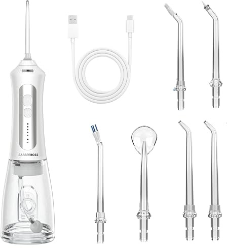 Barberboss Irrigatore orale, Filo interdentale elettrico, Idropulsore d'acqua a 5 modalità per denti, punte a getto intercambiabili, serbatoio da 300 ml, indicatore LED, impermeabile IPX7