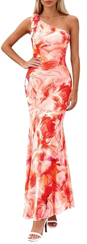 PRETTYGARDEN Womens Summer One Shoulder Maxi Dress 2026 Floral Sleeveless Bodycon Mesh Long Beach Vacation Sun Dresses (Orange Watercolour,Small)