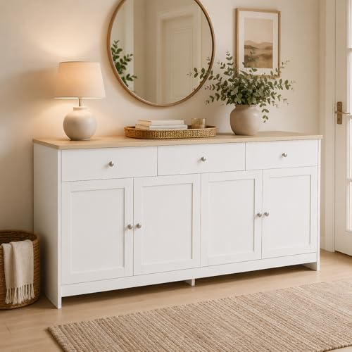 HFASD Credenza, Credenza Sala da pranzo con 4 ante e 3 cassetti, armadio da cucina con piano di lavoro, mobile per soggiorno, cucina, sala da pranzo, bianco, 160 x 37 x 75 cm