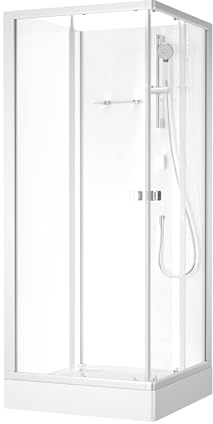 Marwell Shower Square Fresh - Ducha completa (85 x 85 x 205 cm, con plato de ducha, con puertas deslizantes, perfiles de aluminio mate plateados, cristal de seguridad de 5 mm, grifo y ducha de mano