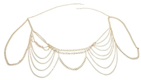 PLAFOPE Collier D'épaule Punk Multicouche en Aluminium Or Pompons, Chaîne Corporelle Réglable pour Femmes, pour Fêtes et Célébrations Festives