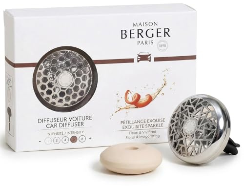 Maison Berger Car Diffuser Set – Refillable Vent Clip, Ceramic Refill, Made in France - Luxury Auto Scent - 4-Week Diffusion - Elegant Air Freshener for All Car Vents (Exquisite Sparkle)