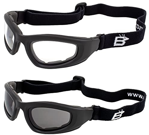 Birdz Eyewear Soar Safety Padded Motorcycle Goggles 2 Pairs Black Frames with Clear & Smoke Lenses