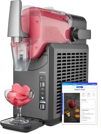 MEDION Máquina de granizados (capacidad de 2,6 L, depósito de 1,9 L, slush maker para bebidas, 5 modos, 30–60 min de preparación, con compresor), MD12090, plata