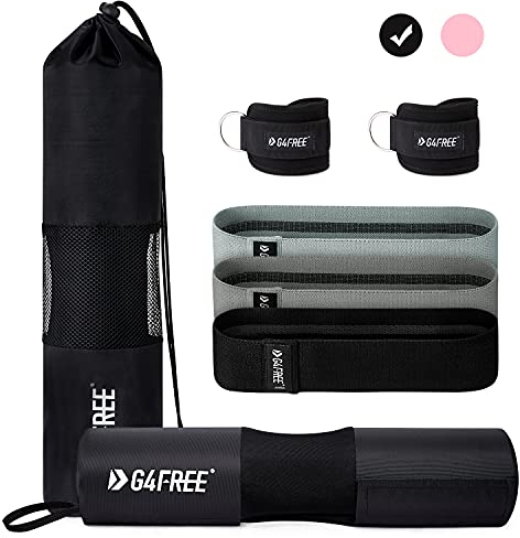 G4Free 7er Set Langhantel Polster/Nackenpolster/Barbell Pad für Kniebeugen/Hip Thrusts/Lunges/Standard Olympic Barbell mit 2 Gym-Knöchel-Sicherheitsgurten & 3 Hüft Widerstandsbänder