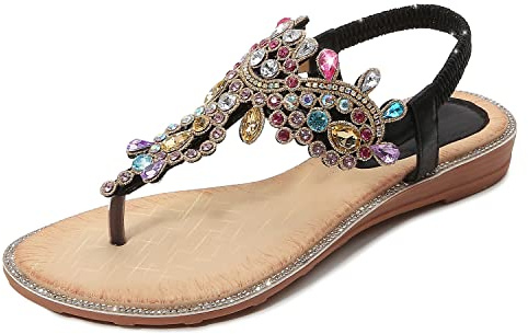 iCKER Women Rhinestone Sandals T-Strap Buckle Bohemian Pearl Crystal Flat Sandals-PD1-Black9.5