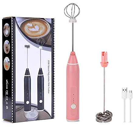 Mousseur à Lait Électrique, Mini Mousseur à Lait Électrique Rechargeable Pomme Usb à 3 Vitesses Réglable Avec 2 Têtes De Mélange Différentes, Adapté Pour Le Café, Les Œufs (Rose)
