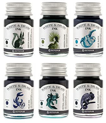 Octopus Write and Draw Ink Set RIVER, wasserfeste Tinte zum Schreiben und Zeichnen, Kalligraphietinte, Zeichentusche für Füllhalter, 6x10 ml