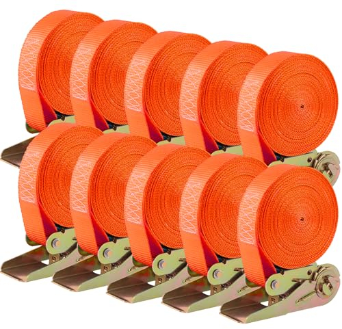 10 PCS 800 kg Sangle à Cliquet, Sangle d'Arrimage avec Tendeur, Sangle de Serrage en Polyester, Certifié CE, Longueur 6 m, Largueur 25 mm (Orange)