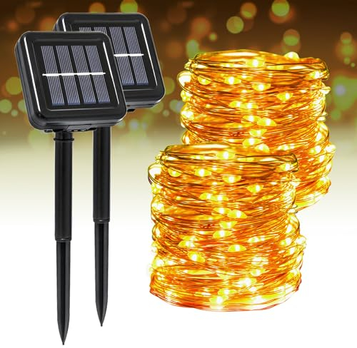 Segotendy Lot de 2 Guirlande Lumineuse Exterieure Solaire, Totale 44M 400 LED Guirlande Solaire Extérieur IP65 Étanche 8 Modes, Fil Cuivre Lumière pour Décoration Noël Jardin Terrasse Fête Camping