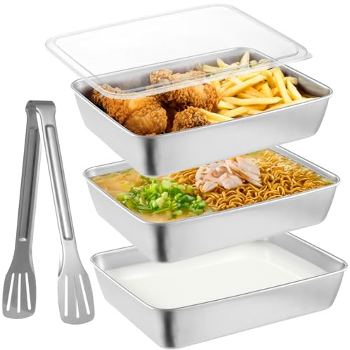 Breading Trays Set of 3, 10 x 8 x 2 Inches Large Stainless Steel Breading Pans for Cooking with Lids & Tong, Food Containers for Dredging Chicken Breasts and Marinating Meat, Food Prep Holders