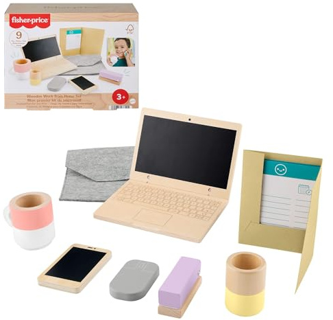 Fisher-Price Homeoffice-Set aus Holz für Kindergartenkinder, 9 Zubehörteile mit Holz-Laptop und -Telefon für Rollenspiele, für Kinder ab 3 Jahren, HXV11