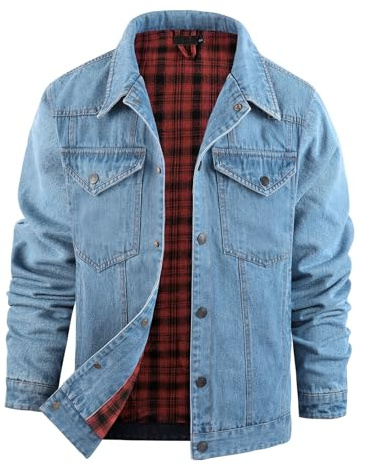 Flygo Mens Flannel Lined Denim Jacket Snap Cowboy Cut Western Classic Slim Fit Vintage Heavy Duty Jacket Trucker Coat(LightBlue-XL)