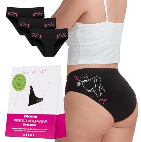 INTIMINA Bragas Menstruales Bloom con la Máxima Retención y Comodidad, Bragas Menstruales para Mujer (FR/ES, Letras, M, Regular, Regular, 3, Black)