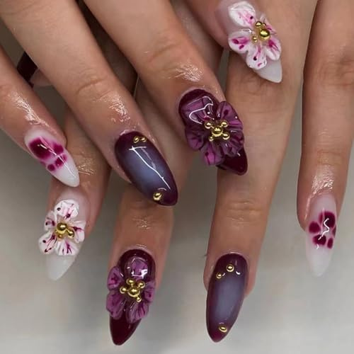Ceboic 24Pcs False Nails Almond Medium Long, French Tip Press on Nails 3D Peach Blossom Fake Nails with Cute Cat's Paw Design, Removable Glue on Nail Acrylic Full Cover Stick on Nail for Women