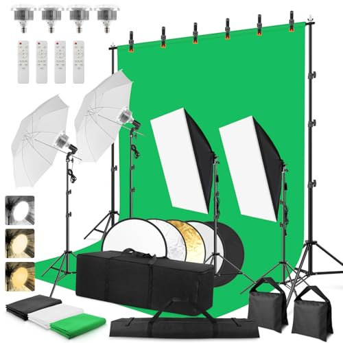 Foccalli Softbox Studio - Juego de iluminación para estudio fotográfico (sistema de fondo de 2,6 x 3 m, 85 W, 2700 – 6400 K, bombillas LED, paraguas, reflector para estudio fotográfico, retrato y