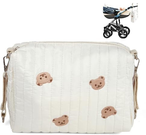 Maxmoc Tragbare Wickeltasche, Stickerei Bär Baby Wickeltaschen, Baumwolle Windeltasche Organizer, Mama Tasche mit Kinderwagen Haken, für Mama Baby Reise, Weiß