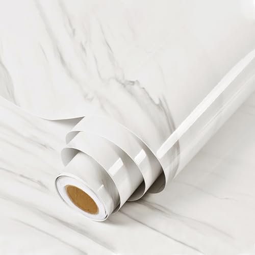 YENHOME Papier Adhesif pour Meubles Marbre Blanc Grande Taille 81x300cm Film Autocollant Decoratif Rouleau Vinyle Blanc Marbre pour Plan de Travail Cuisine Armoire Papier Peint Salle de Bains