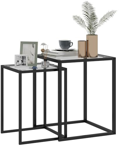 HOMCOM Nesting Tables Set of 2, Side End Table with Tempered Glass Top and Steel Frame for Living Room, Bedroom, Black