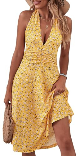 HUXRAKV Femmes Robes d'été Col en V Manches sans Taille Floral Décontractée Robe avec Poches pour Casual Fête Vacances,35-Jaune,XL