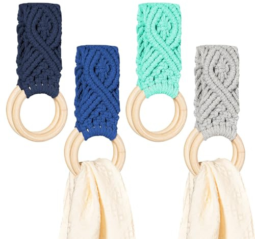 HEAVYWOOD 4 Pcs Kitchen Dish Towel Holder Boho Crochet Hanging Towels Loop with Wooden Ring Handmade Counter Knit Towel Hanger for Bathroom Cabinet House Oven Stove (Aquamarine, Navy, Sapphire, Gray)